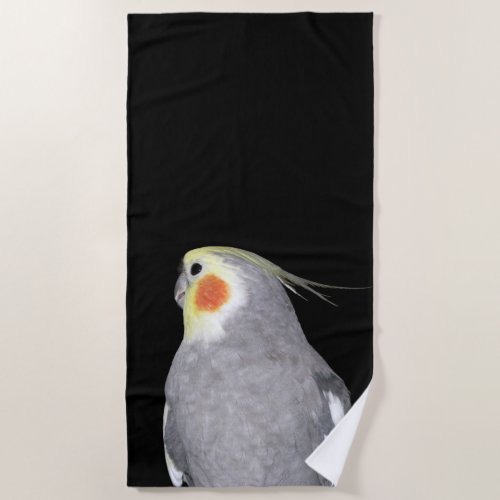 Pet Bird Cockatiel Photo on Black Background Beach Towel