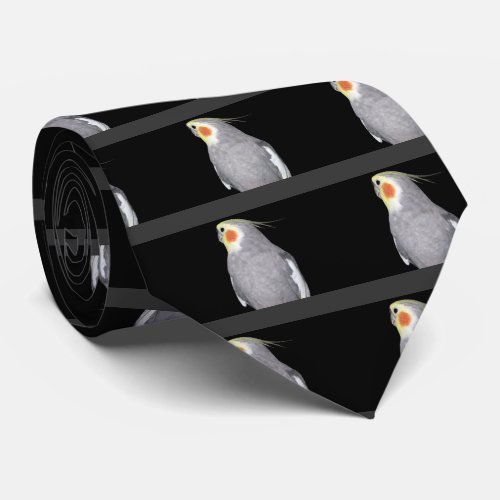 Pet Bird Cockatiel Photo on Black with Grey Stripe Neck Tie