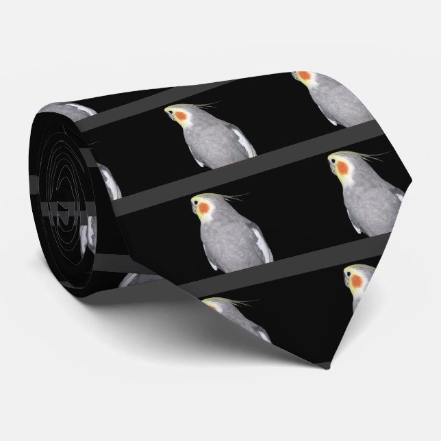 Pet Bird Cockatiel Photo on Black with Grey Stripe Neck Tie (Rolled)