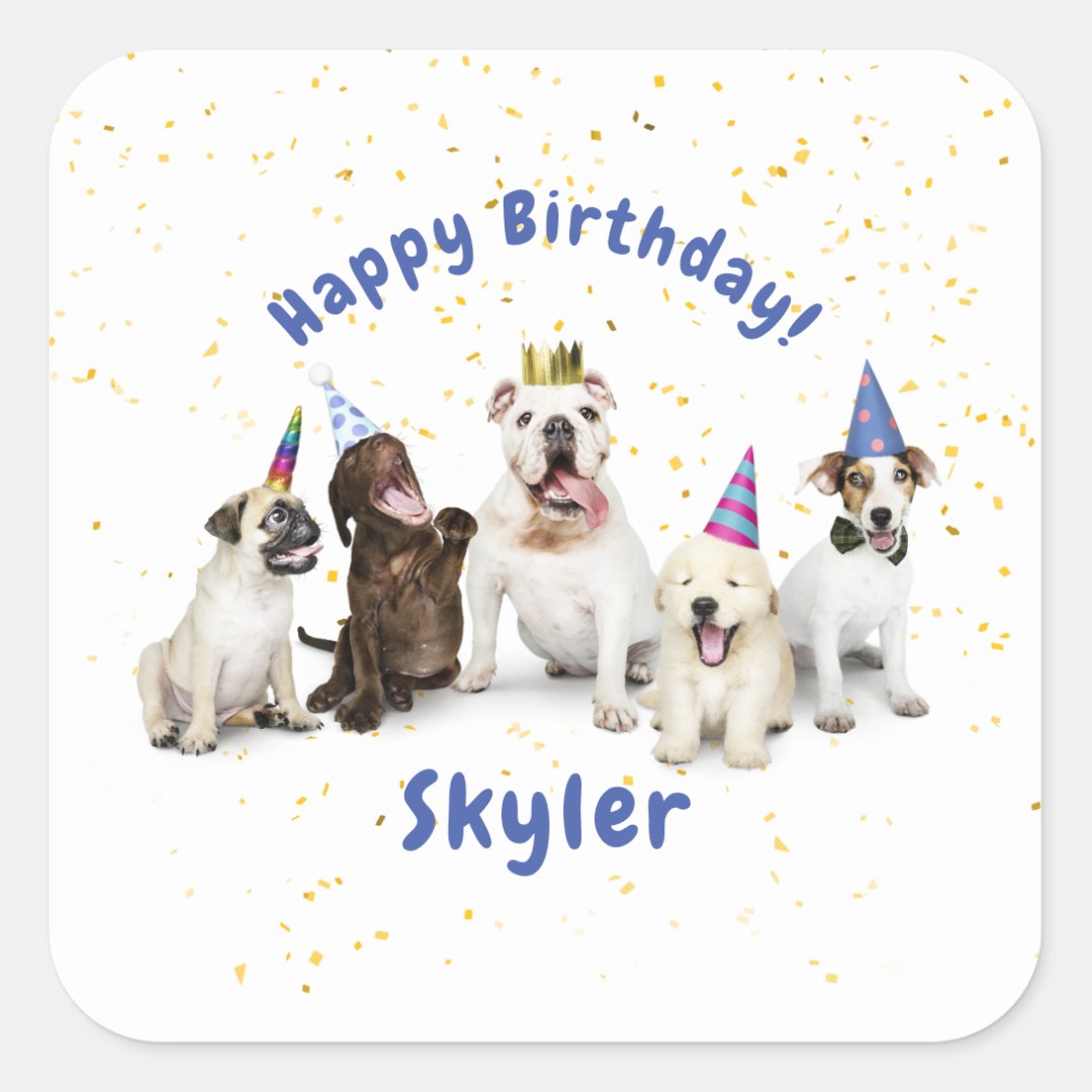 Pet Birthday Dog Celebration | Blue Square Sticker | Zazzle