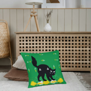 Pet Black Cat On Green White Yellow Cute Modern Throw Pillow