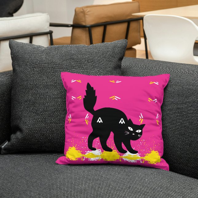 Pet Black Cat On Pink White Yellow Cute Modern Throw Pillow (Creator Uploaded)