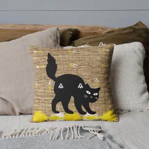 Pet Black Cat White Yellow Burlap Pattern Custom Throw Pillow