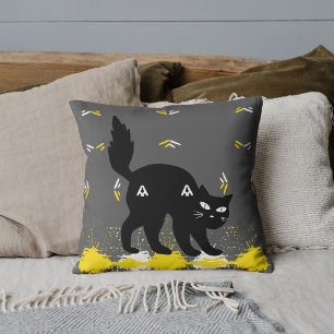 Pet Black Cat White Yellow Pattern Gray Customized Throw Pillow