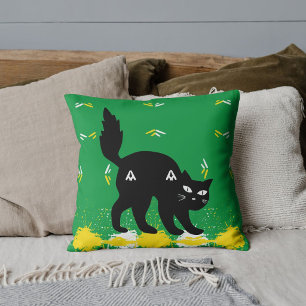 Pet Black Cat White Yellow Pattern Green Custom Throw Pillow