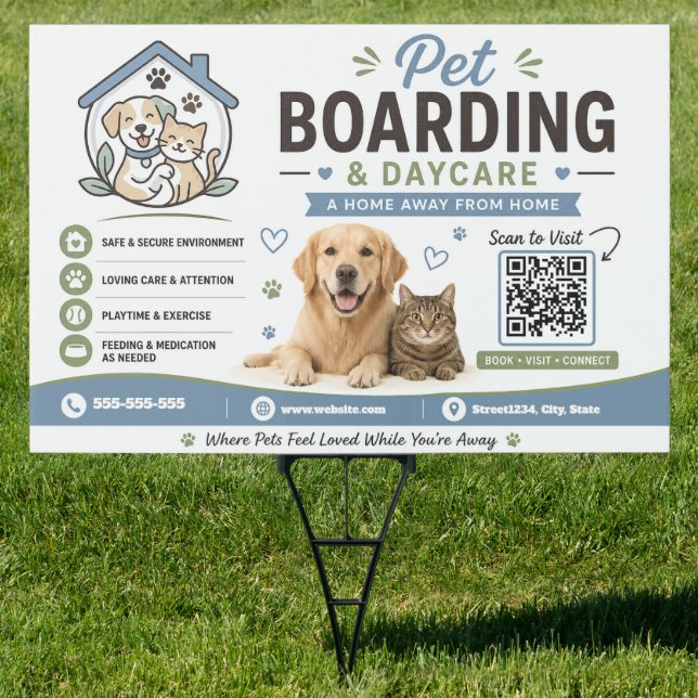 Pet Boarding Daycare Yard Sign with QR Code (Insitu)