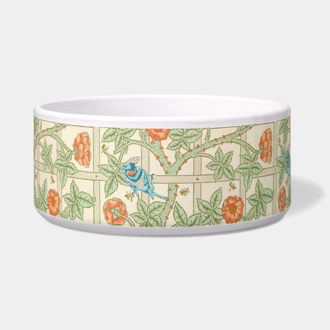 Pet Bowl Floral Garden Trellis Pattern with Birds (Front)