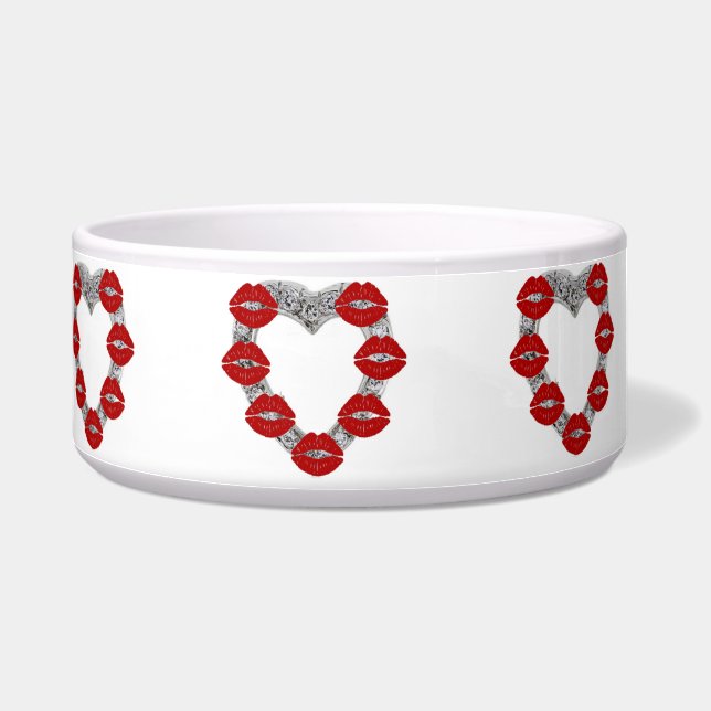 Pet Bowl Heart Diamond With Kisses (Left)