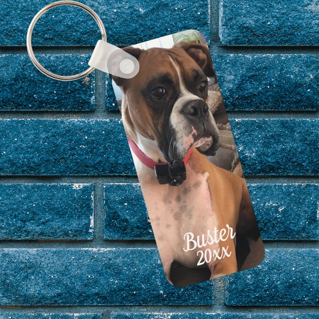 Pet Boxer Photo   White Typography Personalize Keychain (Add your dogs photo and Name to this elegant keychain)