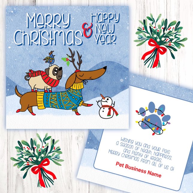 Pet Business Christmas Dachshund Pug Dogs Note Card (Creator Uploaded)
