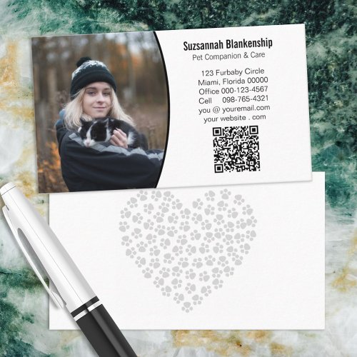 Pet Care Black White Custom QR Code and Photo  Business Card