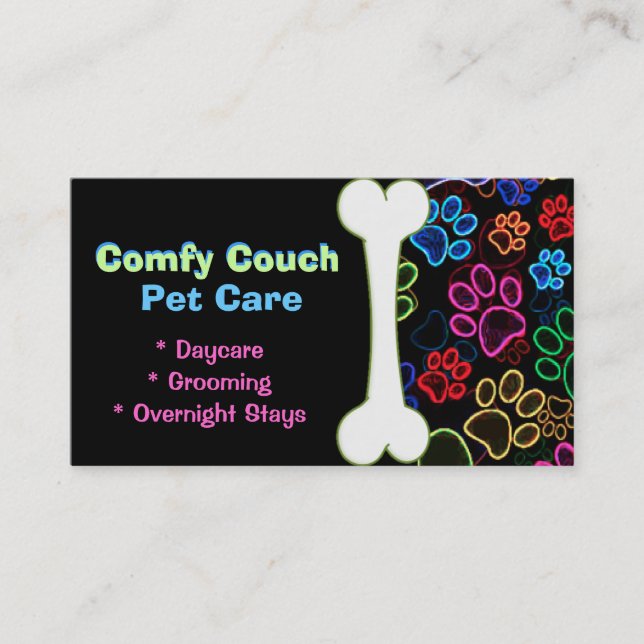 Pet Care Business Card Paw Prints Black (Front)