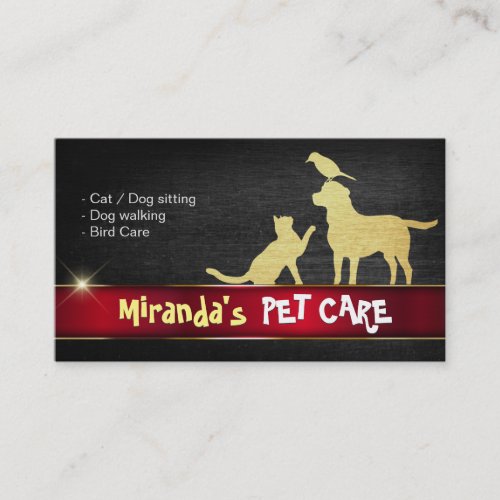 Pet Care Dog Cat Bird Silhouettes Red  Gold Metal Appointment Card