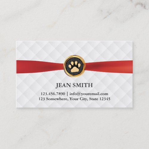 Pet Care Gold Paw Red Ribbon Elegant Business Card