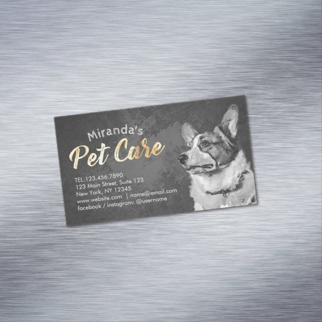 Pet Care Grooming Sitting B & W Dog Oil Painting Business Card Magnet (In Situ)