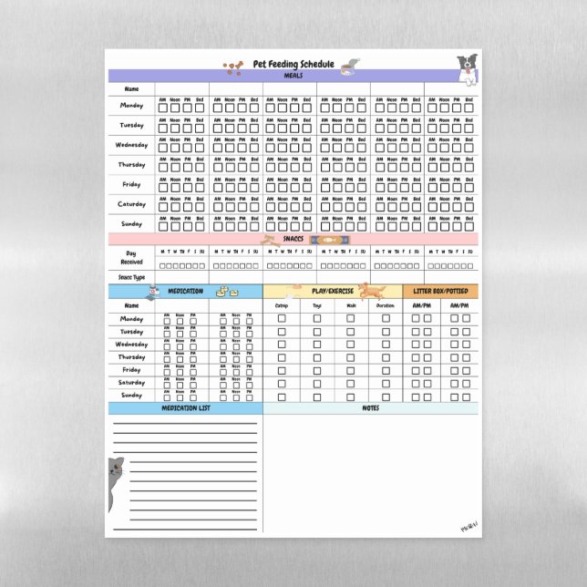 Pet Care Schedule, Feeding Tracker, Routine & Fun! Magnetic Dry Erase Sheet (Vertical)