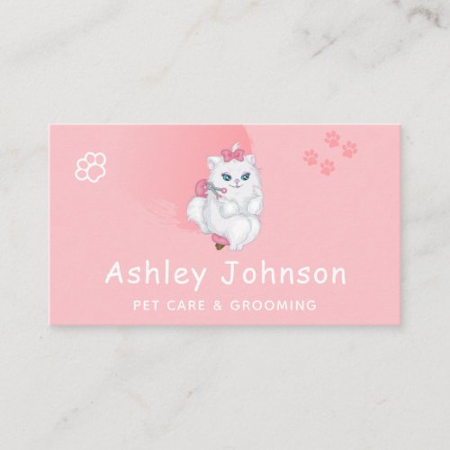 Pet Care Services Cute White Furry Cat Pink Girly Business Card