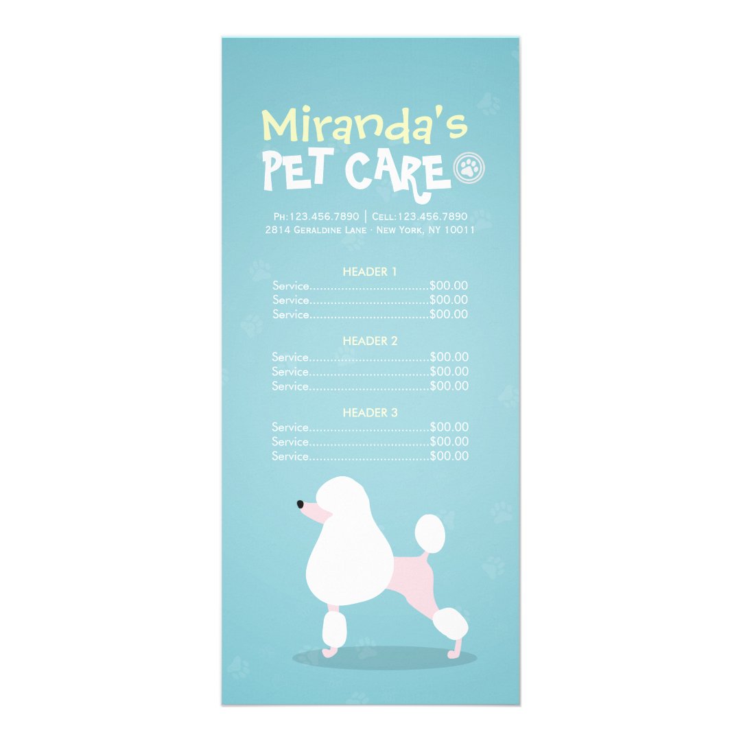 Pet Care Sitting Bathing Grooming Salon Price List Rack Card Zazzle