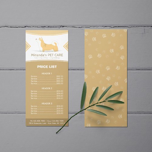 Pet Care Sitting Grooming Beauty Salon Price List Rack Card