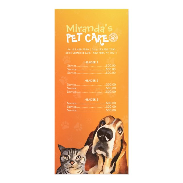 Pet Care Sitting Grooming Beauty Salon Price List Rack Card (Front)