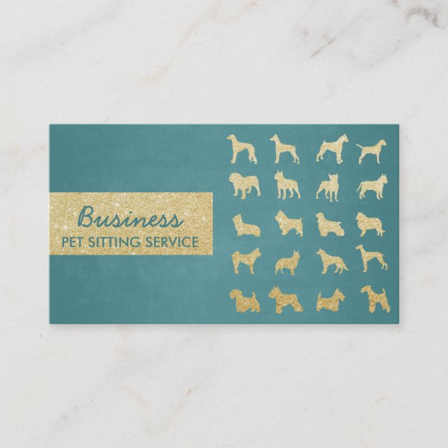 Pet Care Turquoise & Gold Dogs Silhouettes Modern Business Card (Front)