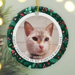 Pet Cat 2 Photo First Christmas Watercolor Floral Ceramic Ornament<br><div class="desc">Celebrate your pet's first Christmas in their forever home with this festive design of watercolor christmas botanicals such as pine, holly, red berries and more. This is a 2 photo design so you can have multiple images of your pet (front and back). Customise the name, text and photos. See the...</div>