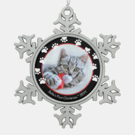 Pet Cat Black & Red Pawprints First Christmas Snowflake Pewter Christmas Ornament
