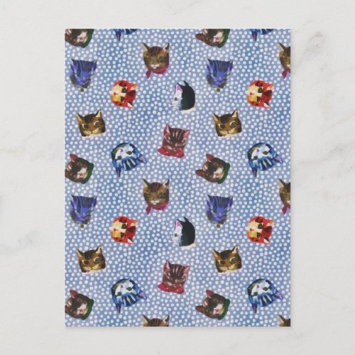 Pet Cat Blue Polka Dots Kitten Watercolor Postcard