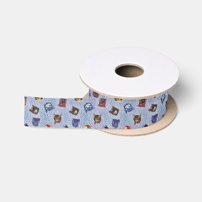 Pet Cat Blue Polka Dots Kitten Watercolor Satin Ribbon (Spool)