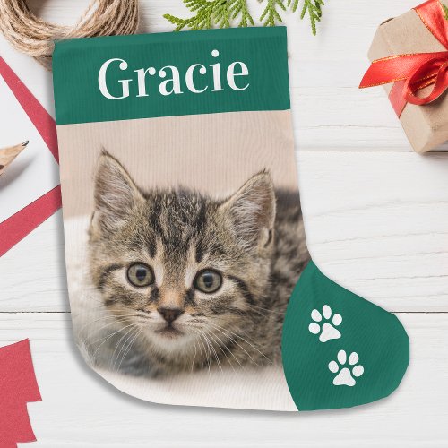 Pet Cat Custom Photo Holiday Green Personalized  Large Christmas Stocking