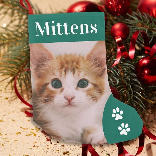 Pet Cat Custom Photo Holiday Green Personalized Small Christmas Stocking