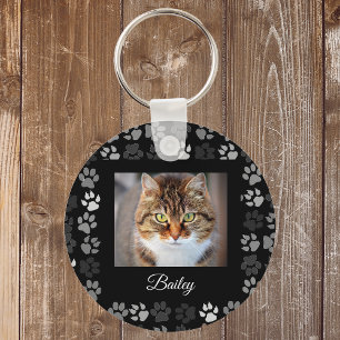 Pet Cat Dog Paw Prints Black Photo Custom Gift Keychain