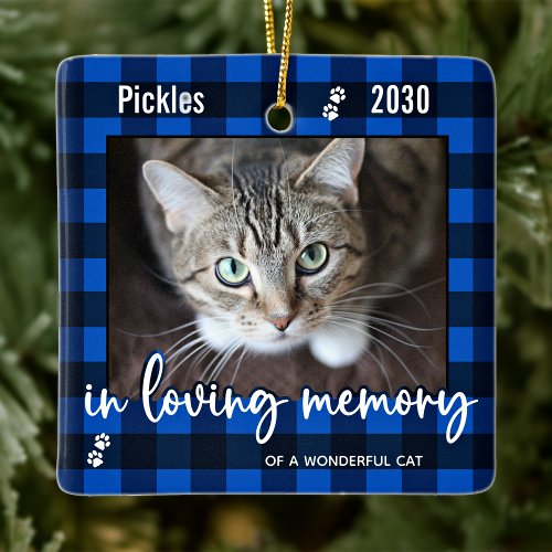 Pet Cat Memorial Blue Plaid In Loving Memory Photo Ceramic Ornament