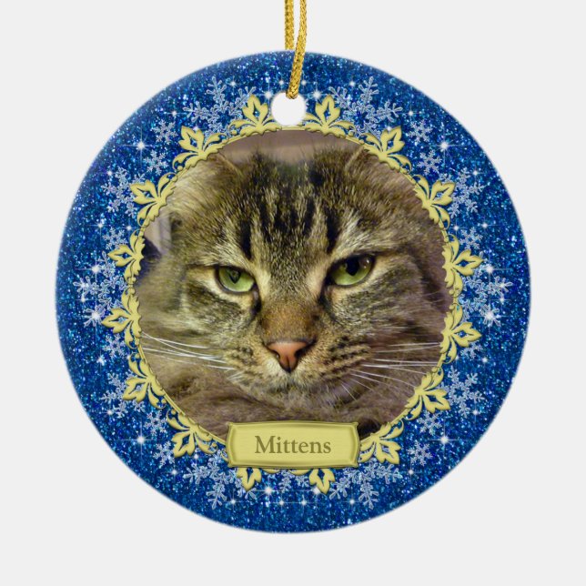 Pet Cat Memorial Blue Snowflake Photo Christmas Ceramic Ornament (Front)