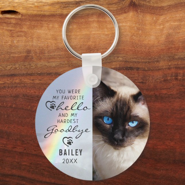 Pet Cat Memorial Favorite Hello Photo Rainbow Keychain (Front)