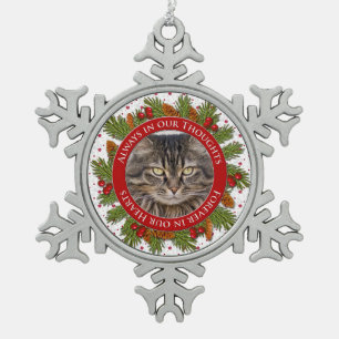 Pet Cat Memorial Photo Christmas Pine Boughs Holly Snowflake Pewter Christmas Ornament