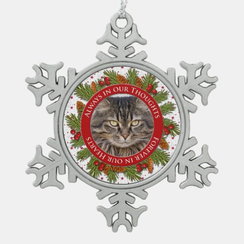 Pet Cat Memorial Photo Christmas Pine Boughs Holly Snowflake Pewter Christmas Ornament
