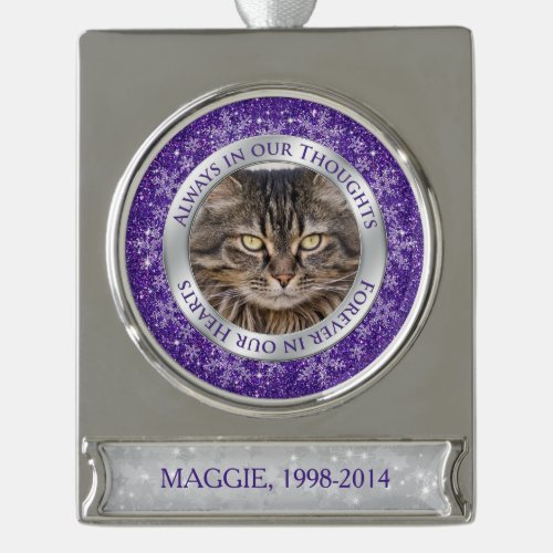 Pet Cat Memorial Photo Christmas Purple Silver Silver Plated Banner Ornament