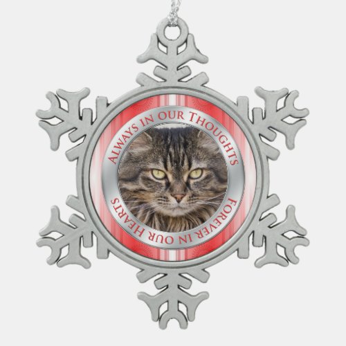 Pet Cat Memorial Photo Christmas Red Silver White Snowflake Pewter Christmas Ornament