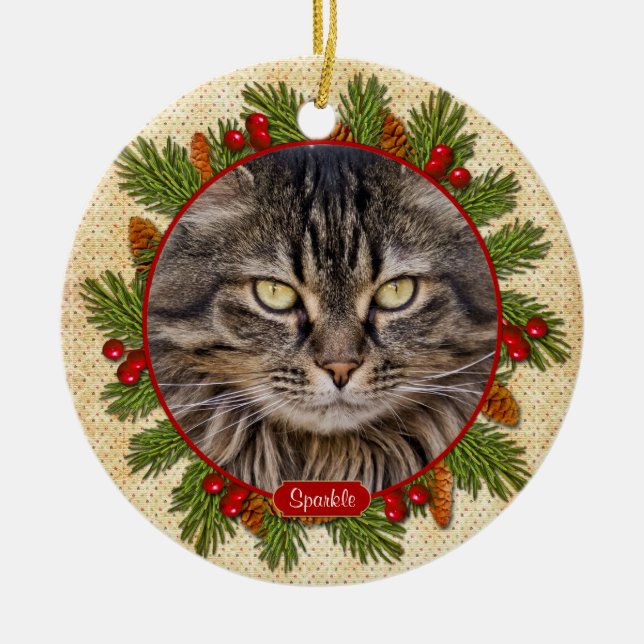 Pet Cat Memorial Pine Boughs Holly Photo Christmas Ceramic Ornament (Front)