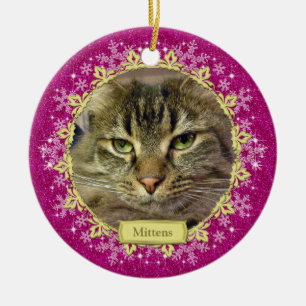 Pet Cat Memorial Pink Snowflake Photo Christmas Ceramic Ornament