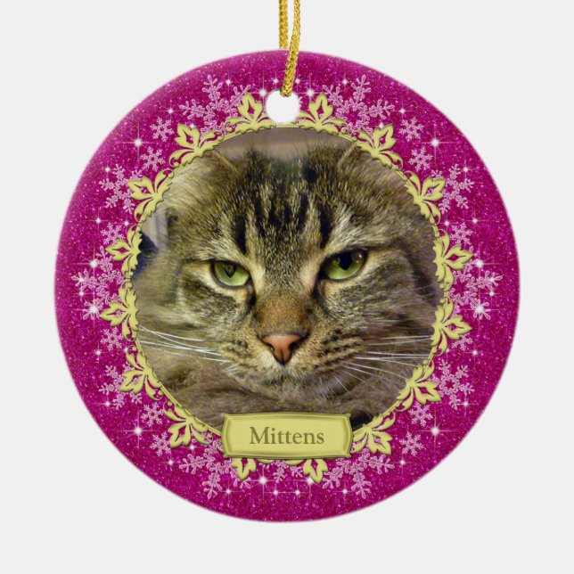Pet Cat Memorial Pink Snowflake Photo Christmas Ceramic Ornament (Front)