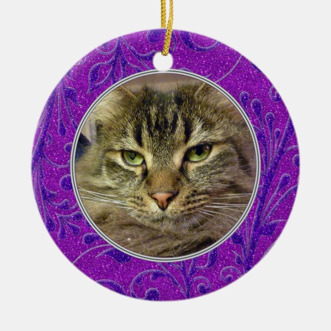 Pet Cat Memorial Purple Photo Christmas Ceramic Ornament (Front)