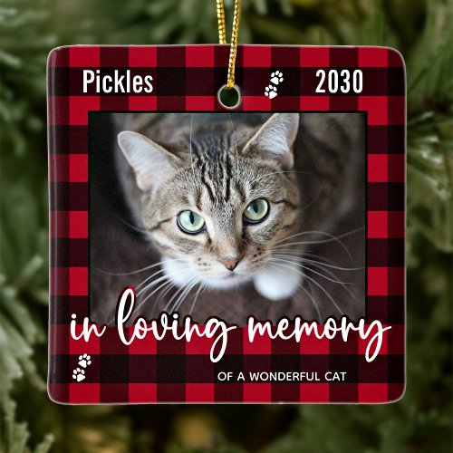 Pet Cat Memorial Red Plaid In Loving Memory Photo Ceramic Ornament