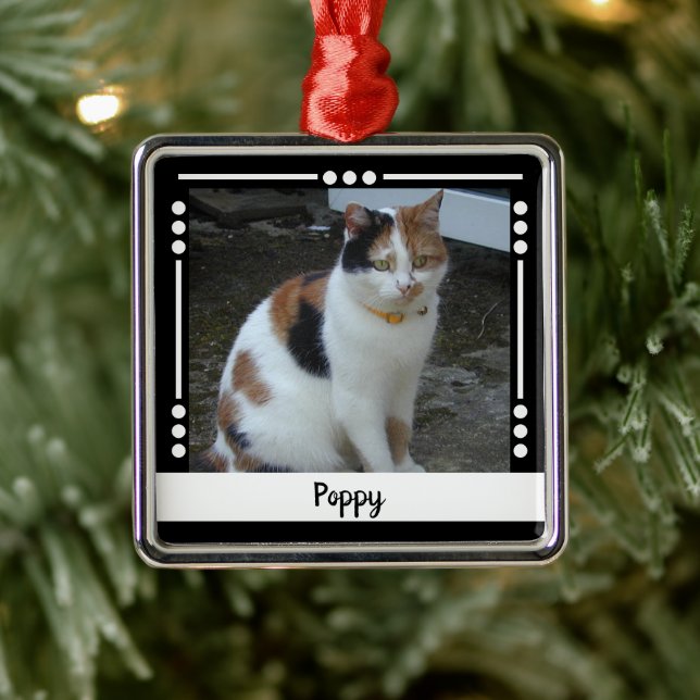 Pet Cat name Photo Holiday black white Metal Ornament (Tree)
