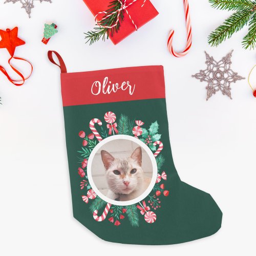 Pet Cat or Dog Watercolor Wreath and Photo  Small Christmas Stocking