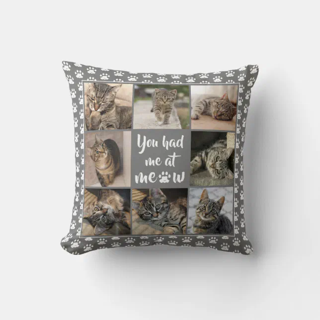 Pet Cat Photo Collage Paw Print Pattern Gray Throw Pillow | Zazzle