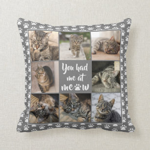 Pet Cat Photo Collage Paw Print Pattern Gray Throw Pillow