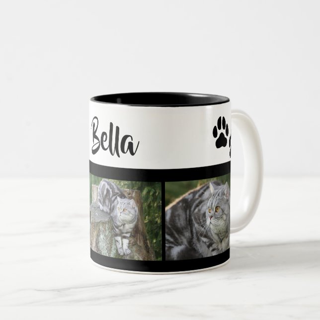 Pet Cat Photo Collage With Paw Prints Personalized Two-Tone Coffee Mug (Front Right)
