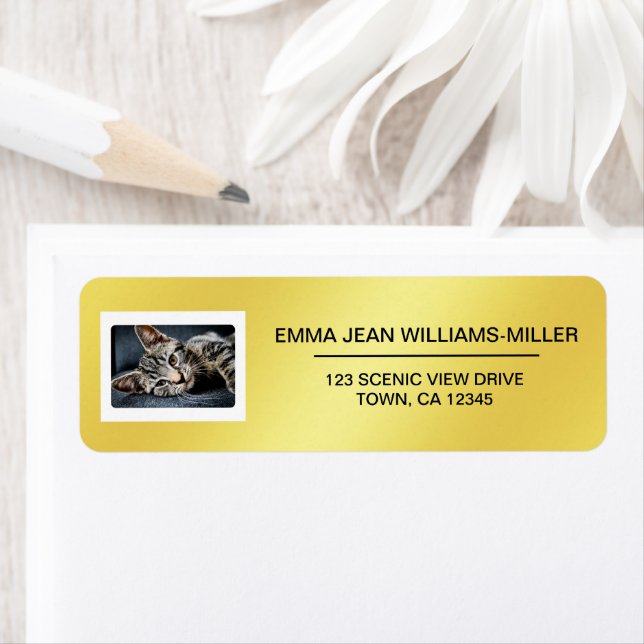 Pet Cat Photo Elegant Modern Return Address Golden Label (Insitu)